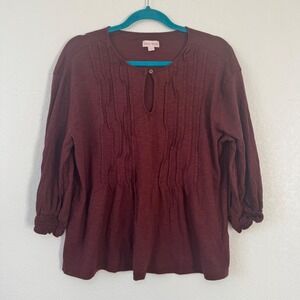 KNOX ROSE Maroon Gathered Sleeve Pintuck Keyhole Neck Tunic Top Women's‎ Size L